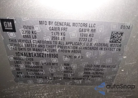 2014 Chevrolet Equinox 1Lt z USA, uszkodzony, nr VIN 1GNALBEK0EZ118190